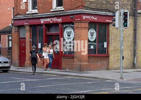 Woke Cup, a coffee shop in the trendy inner city area of Stoneybatter, Dublin, Ireland. July 2022 Stock Photo