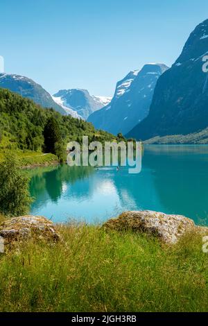 The Lodalen Valley, lake Lovatnet. Loen, Stryn, Norway. (Blurred ...