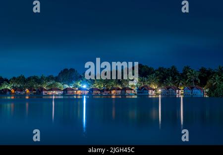 Floating cottages in Poovar island, Poovar Lake at night. Thiruvananthapuram, Kerala, India. Stock Photo