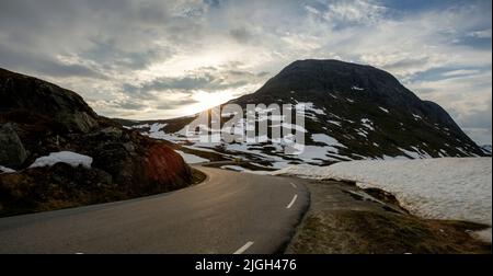 Trollstigen road in Norway - winding mountain road in winter Stock Photo