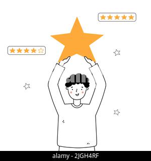 Smiling person holds a star and gives feedback or a positive rating. Customer evaluation, user experiences concept. Vector illustration in doodle style. Product quality control. Stock Vector