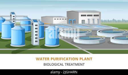 Water purification plant building with cleaning reservoirs and filtration tanks cartoon vector illustration Stock Vector