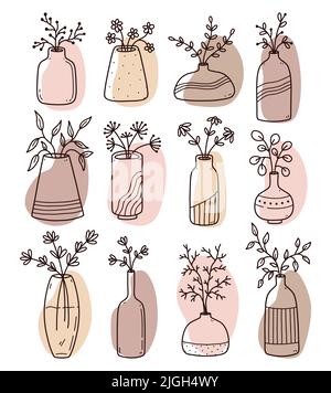 Set of abstract floral doodles with color organic shapes. Minimalist vases with flowers isolated on white background. Vector hand-drawn illustration. Perfect for cards, decorations, logo, posters. Stock Vector