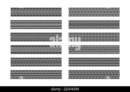 Auto tire tread seamless elements. Car tire patterns, wheel tyre tread track. Tyre print. Set of vector illustrations isolated on white background Stock Vector