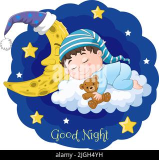 Cartoon baby sleeping with teddy bear and moon on the clouds Stock Vector