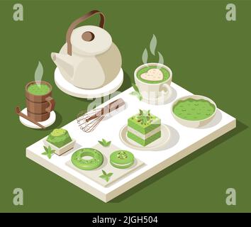 Matcha isometric composition with tea set on tray with cups kettle and matcha powder containing sweets vector illustration Stock Vector