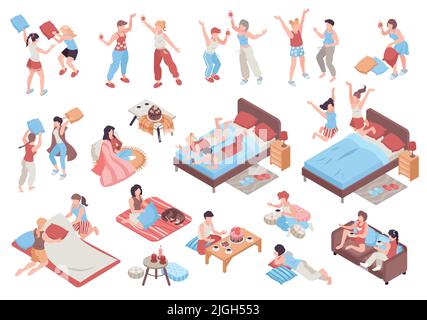 People wearing pajamas dancing eating cakes pillow fight at sleepover isometric set isolated on white background 3d vector illustration Stock Vector