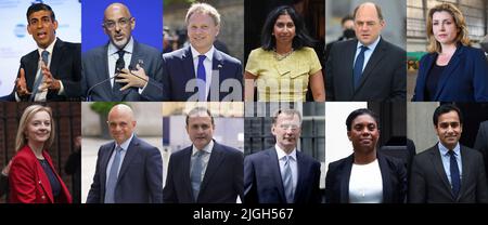 Composite of file photos of the candidates in the Conservative Party leadership race. (top, left to right) Former chancellor Rishi Sunak, newly appointed Chancellor of the Exchequer Nadhim Zahawi, Transport Secretary Grant Shapps, Attorney General Suella Braverman, Defence Secretary Ben Wallace , and Penny Mordaunt, (bottom, left to right) Foreign Secretary Liz Truss, former health secretary Sajid Javid , Tom Tugendhat, Jeremy Hunt, Kemi Badenoch and Rehman Chishti. Picture date: Monday July 11, 2022. Stock Photo