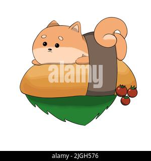 Shiba Inu lies on his stomach on the island next to the tomatoes Stock Vector