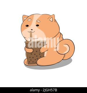A plump cat sits and drinks soda from a glass Stock Vector