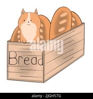 The cat climbed into the box with bread on the box the inscription bread Stock Vector