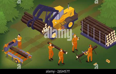 Isometric wooden sawmill composition with outdoor scenery and warehouse ...