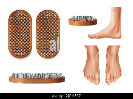 Realistic yoga sadhu boards icon set with feet and bed of sharp nails in profile and top view vector illustration Stock Vector