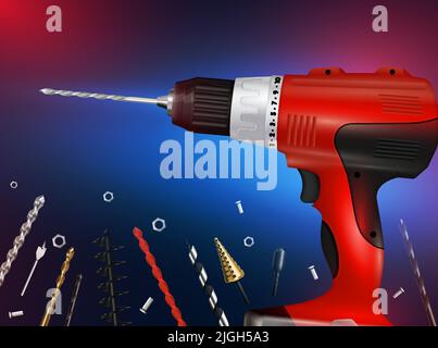 Red drilling machine and scattering of various types of augers nuts bolts realistic gradient background vector illustration Stock Vector