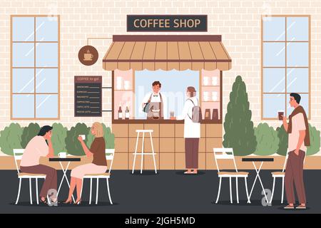 Coffee shop flat background with barista making drink and customers sitting at outdoor tables vector illustration Stock Vector