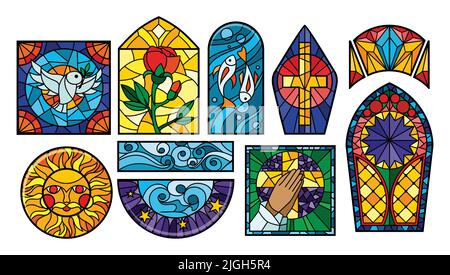 Stained glass mosaic windows set with bird fish cross sun rose images isolated on white background cartoon vector illustration Stock Vector