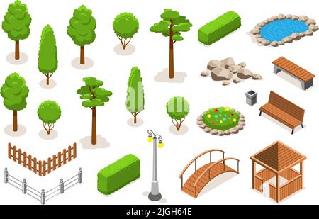 Isometric park landscape elements icon set with trees bushes flower bed pond gazebo bridge different types of benches fences and street lamps vector i Stock Vector