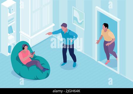 Isometric teenagers parents horizontal composition of living room scenery with dad and mom shouting at son vector illustration Stock Vector