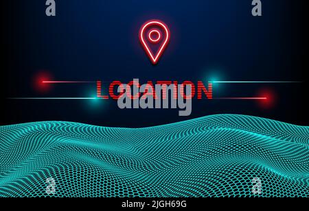Vector and illustrator geometric circular wave with location text and icon ornamental with a light line and flare Stock Vector
