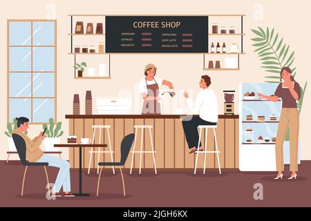 Coffee shop interior with customers sitting at table choosing desserts and barista making drink at counter flat vector illustration Stock Vector