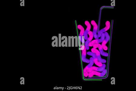 Vivid summer cocktail flat-lay made from drinking straws and gummy worms on black, neon glow effect. Stock Photo