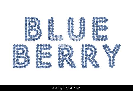 Word BLUEBERRY made from fresh blue berries isolated on white. Stock Photo