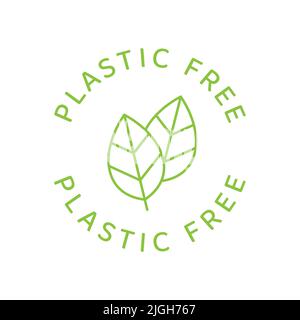 Plastic free line vector label. Environment friendly tag with leaf, outlined. Stock Vector