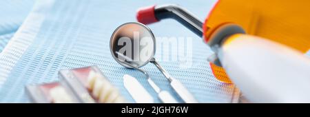 Set of dentist medical tools for cure people teeth Stock Photo