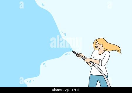 Happy woman watering with hose during summer activity festival. Smiling female have fun splashing water. Summer seasonal time. Vector illustration.  Stock Vector