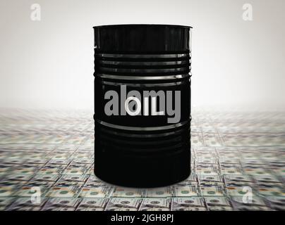 Oil drums on US dollars background. a black barrel with the inscription oil is worth dollars. The concept of earning money on the sale of oil. Stock Photo
