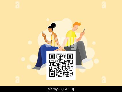 Qr code scanning technology app for smartphone. People holding smartphone in hand. Young woman and young man looking at smartphone screen. Stock Vector