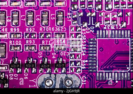 macro close-up shot of microchip on red printed circuit board, computer motherboard with components Stock Photo