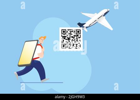 Young man carrying giant smartphone as backpack with qr code. Concept of travelling with qr code pass. Digital sanitary pass to take airplane. Stock Vector