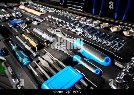 Toolkit of various tools in the box Stock Photo