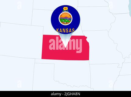 United States with selected Kansas map and Kansas flag icon. Vector map and flag. Stock Vector