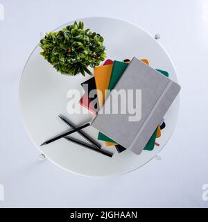 Stack of colourful notebooks and pens on a white table. A plant is next to them. Product photoshoot in a studio. High quality photo Stock Photo