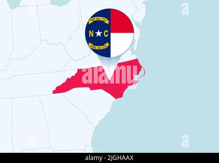 North Carolina state selected on map with isometric flag of North ...