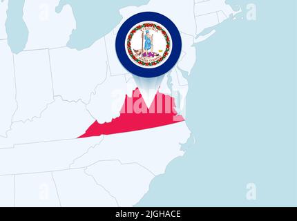 United States with selected Virginia map and Virginia flag icon. Vector map and flag. Stock Vector