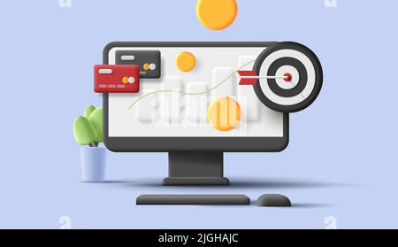 3d computer icon with business attributes, credit card, target audience and money coins Stock Vector