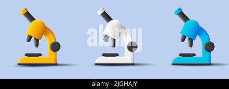 microscope icons set, 3d render illustration, science microbiology Stock Vector