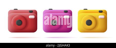 Set of 3d icons of retro photo camera with flash in different colors Stock Vector