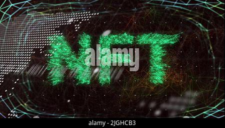Image of data processing and nft text over black background Stock Photo