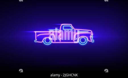 Classic pickup truck neon sign. led glowing car silhouette, wall branding. Vintage truck, old classic cars. Neon silhouette in side view on dark wall Stock Vector