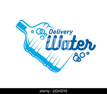 Water delivery icon of bottle with bubbles, vector blue plastic gallon. Water delivery service logistics and distribution company emblem for drinking and mineral water for office or home Stock Vector