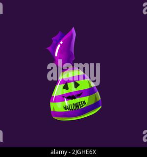 Choco sweets isolated chocolate candy in glossy wrapping paper with ghost face. Vector Halloween party dessert, color cacao confection wrapped in foil in green and purple colors, scary smile Stock Vector