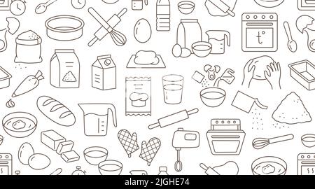 Baking doodle brown seamless pattern. Vector background included line icons as - rolling pin, dough, mixer, butter, flour, bread, stir, egg, milk Stock Vector