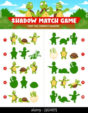 Find the correct silhouette of cartoon turtles. Cheerful tortoise ...