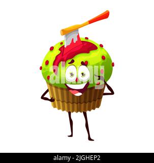 Halloween cupcake with axe and juice cartoon vector character. Traditional festive bakery with ax in head and blood. Cute spooky muffin personage, sweets for kids trick or treat party, funny dessert Stock Vector