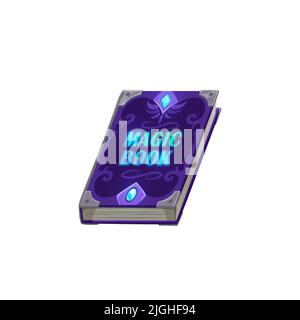 Halloween spellbook, ancient magic book with alchemy recipes, mystic spells and enchantments with old purple ornate mysterious cover front view. Game ui graphic, witchcraft element, wizard education Stock Vector