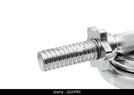 close-up thread with screw for fastening discs of additional weight adjustable dumbbells from stainless steel, prefabricated accessory isolated on whi Stock Photo
